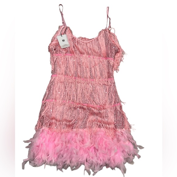 Sparkling Pink Tassel & Feather Mini Dress - Party Glamour main image 1